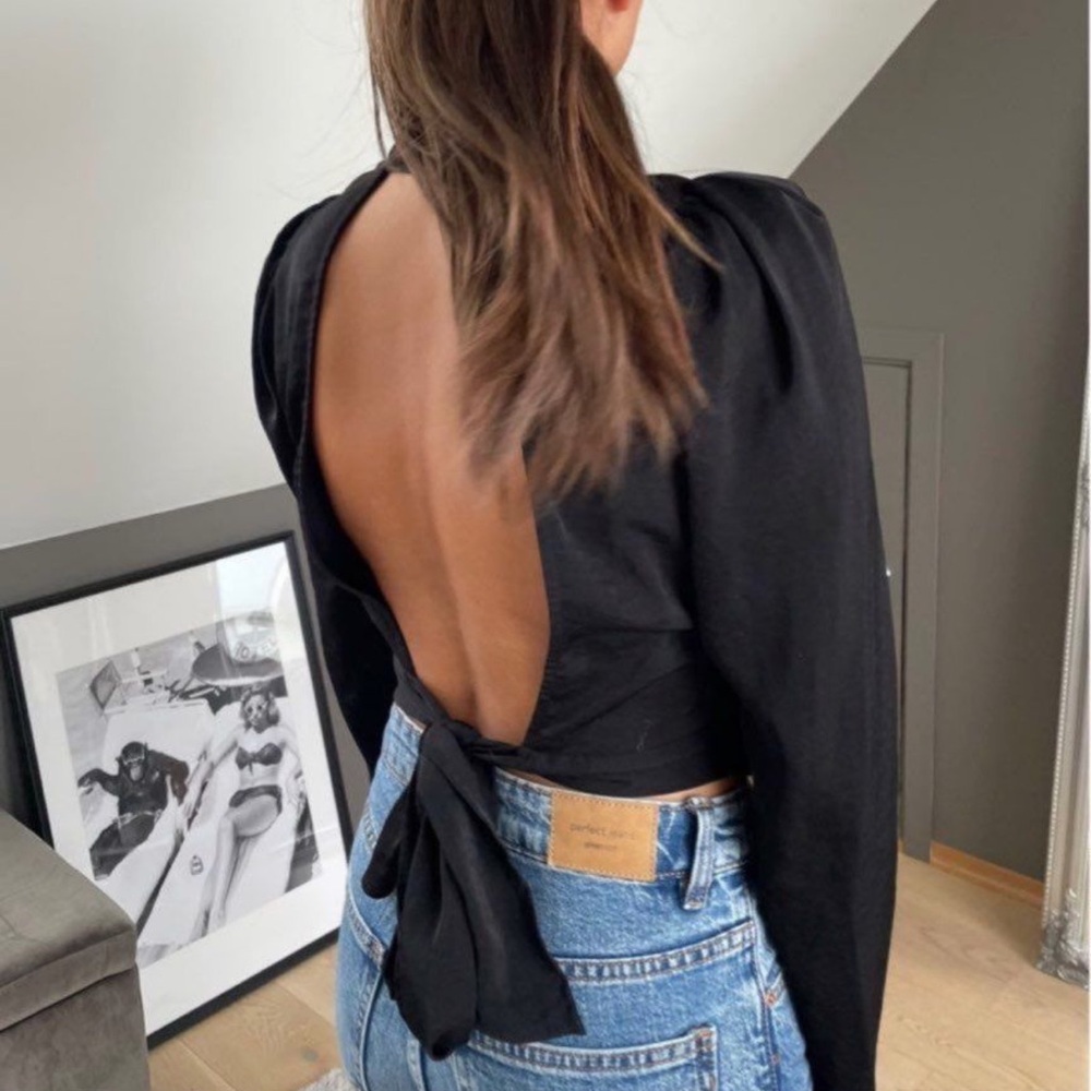 Zara Satin Feel Bubble Sleeve Open Back Crop Tie Black Blouse